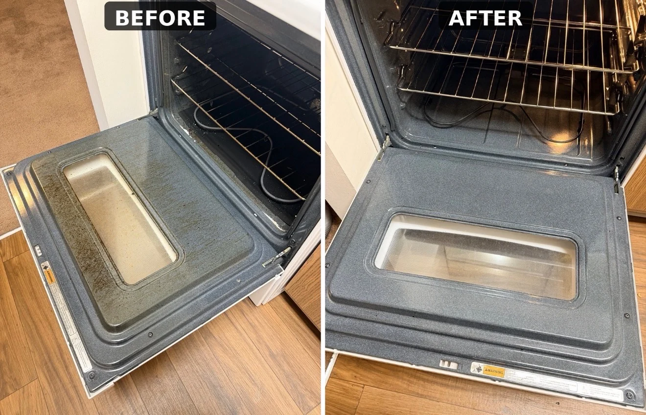 Real before-and-after comparison of an oven interior and door cleaned by Peace of Mind.