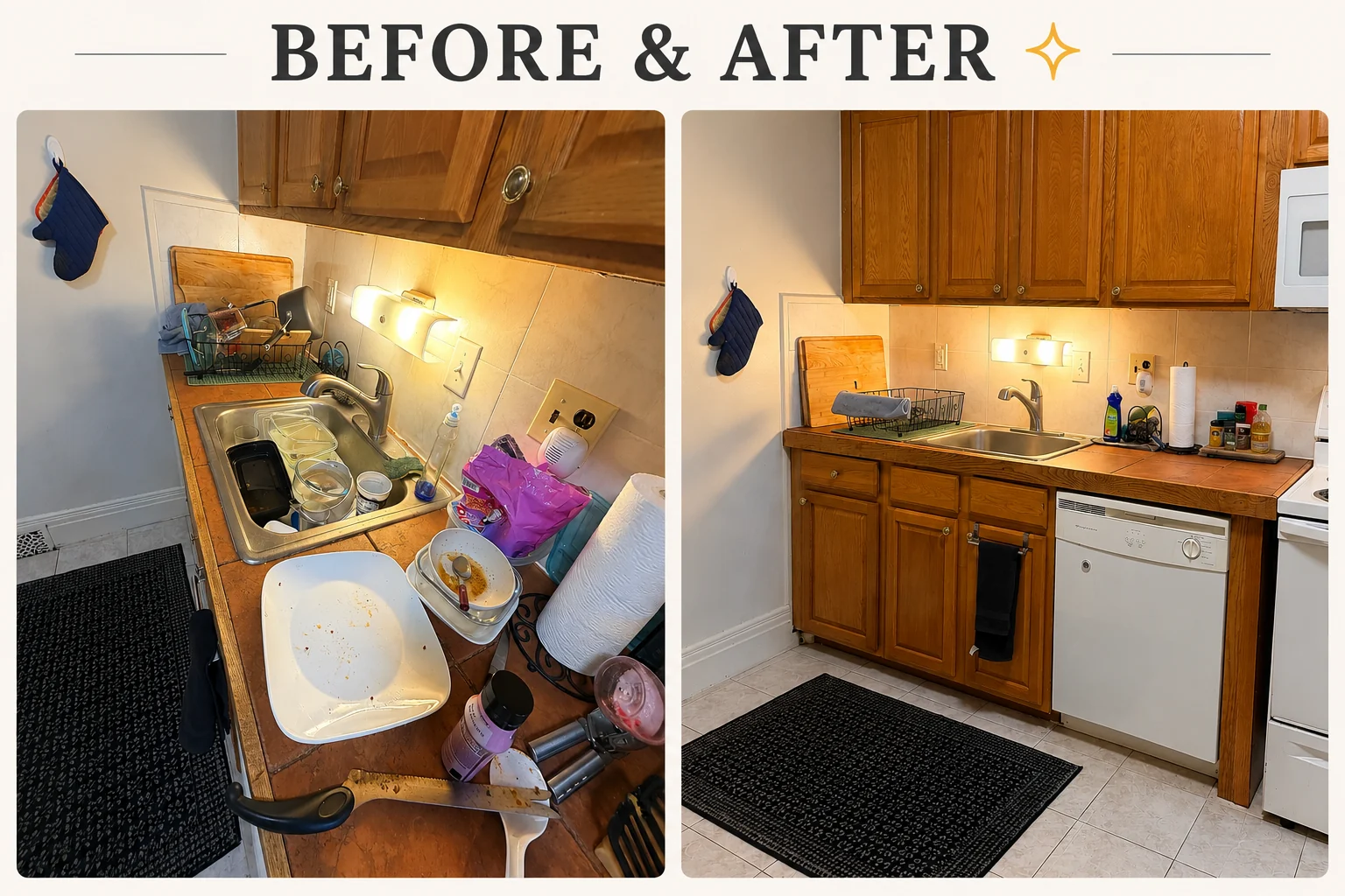 Real before-and-after comparison of a kitchen cleaned during a managed-property turnover by Peace of Mind.