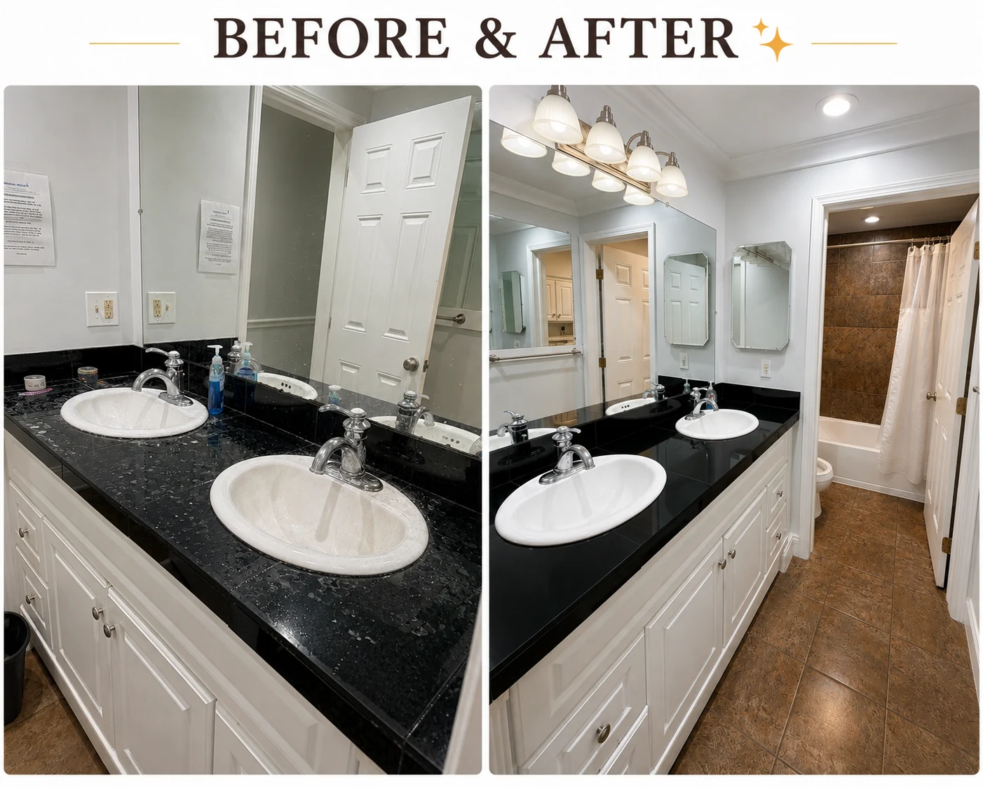 Before-and-after comparison of a bathroom vanity and sink area cleaned by Peace of Mind.