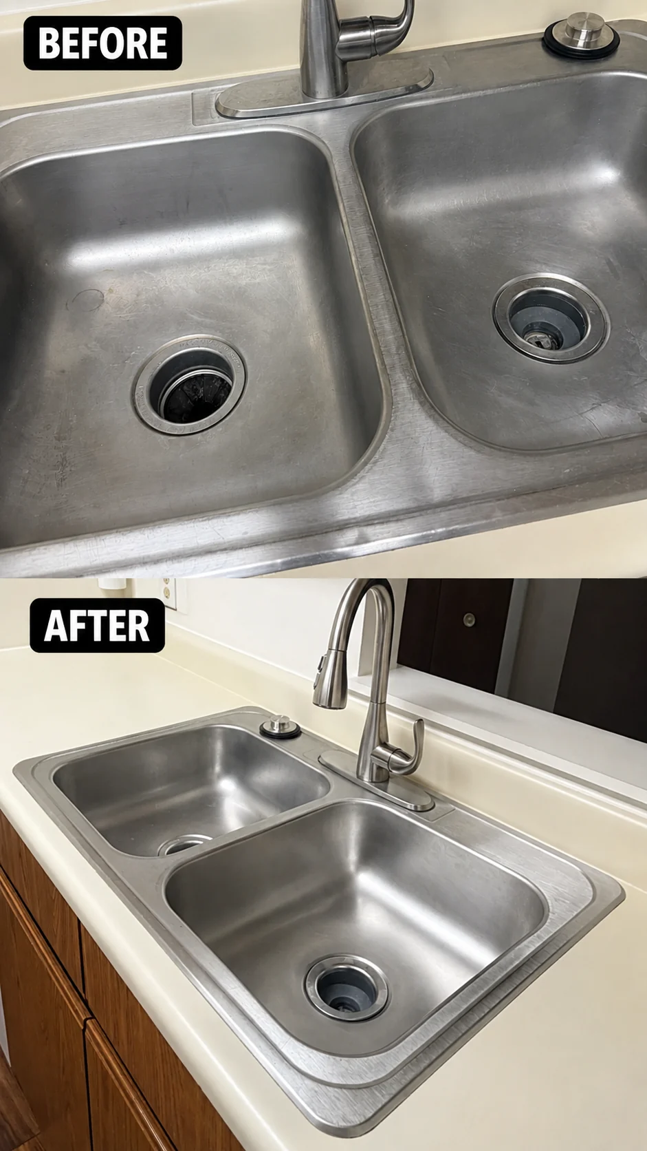 Before-and-after comparison of a stainless-steel kitchen sink cleaned by Peace of Mind.