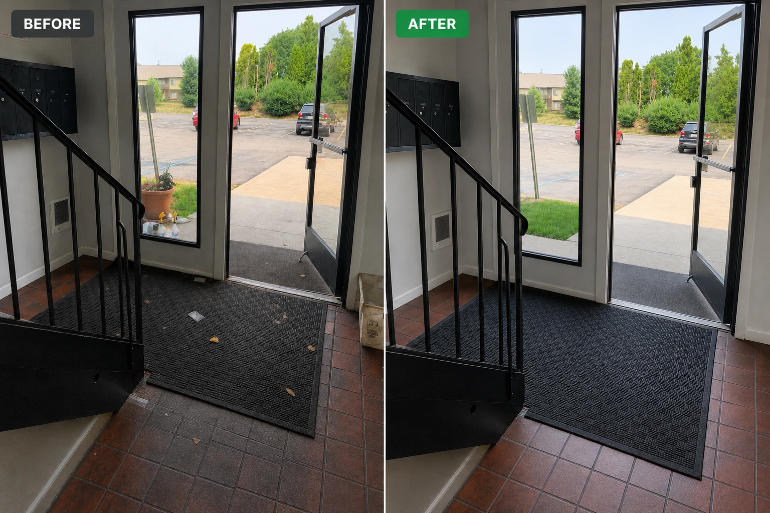 Real before-and-after comparison of a shared building entryway cleaned by Peace of Mind.