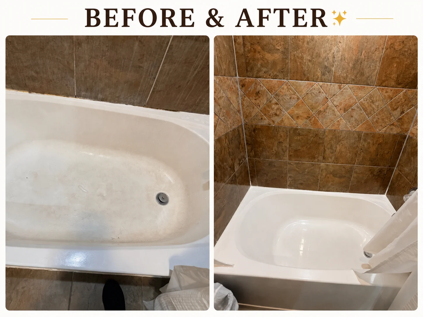 Before-and-after comparison of a tub and shower area cleaned by Peace of Mind.