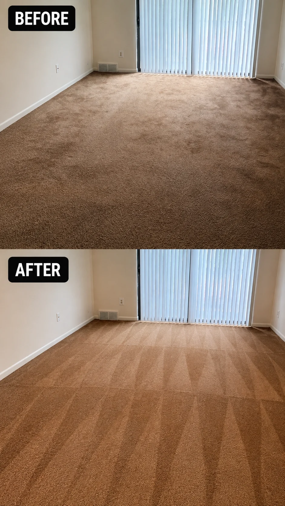 Before-and-after comparison of carpet cleaning completed during a vacant-unit turnover by Peace of Mind.